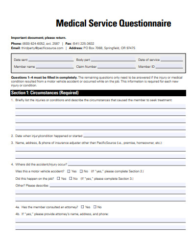 sample medical service questionnaire template