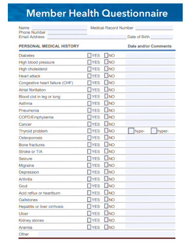 sample member health questionnaire template