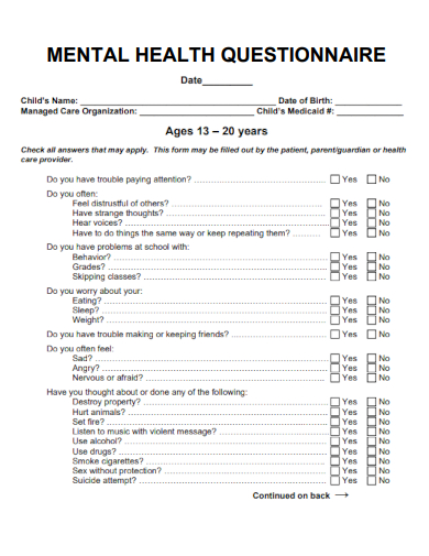 sample mental health questionnaire template