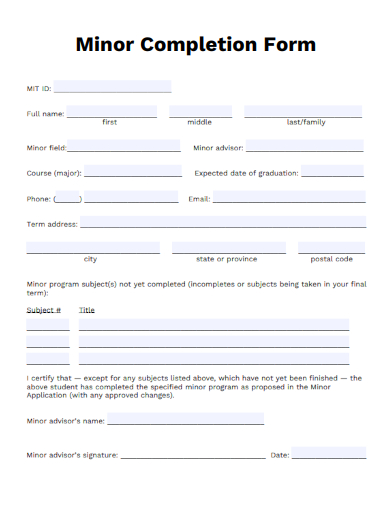 sample minor completion form template