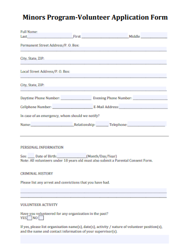sample minors program volunteer application form template