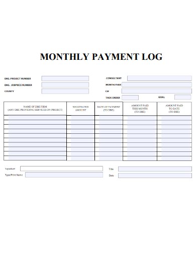 sample monthly payment log form template