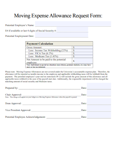 sample moving expense allowance request form template