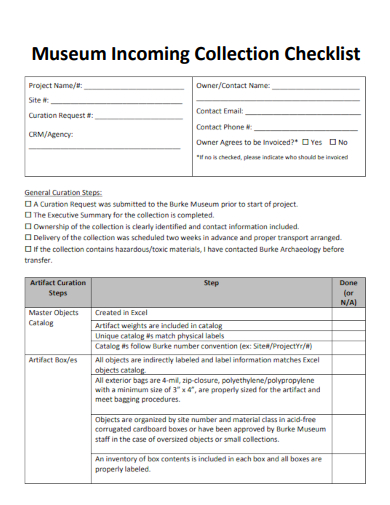 sample museum incoming collection checklist template