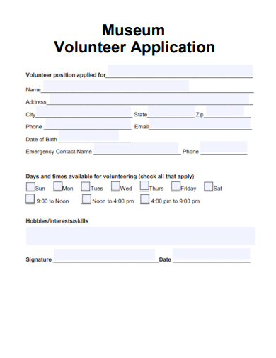 sample museum volunteer application form template