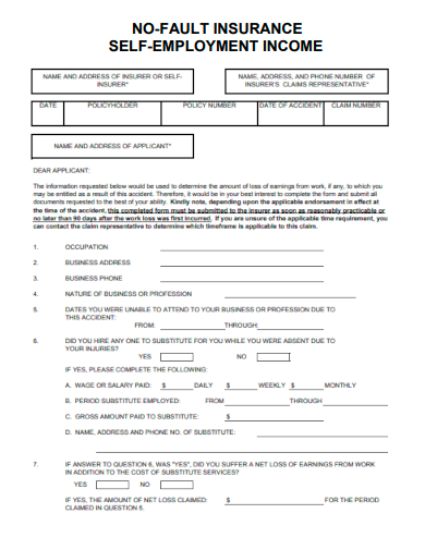 sample no fault insurance self employment income template