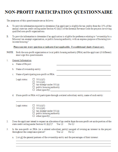 sample non profit participant questionnaire template
