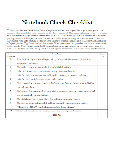 sample notebook check checklist template