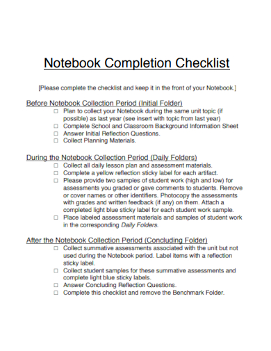 sample notebook completion checklist template