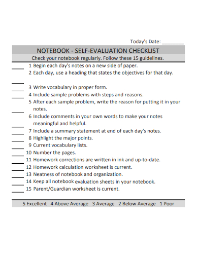 sample notebook self evaluation checklist template