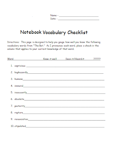 sample notebook vocabulary checklist template
