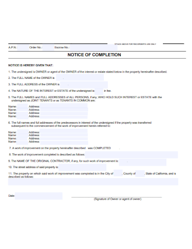 sample notice of completion form template