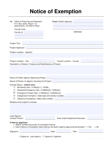 sample notice of exemption form template