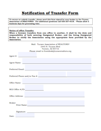 sample notification of transfer form template