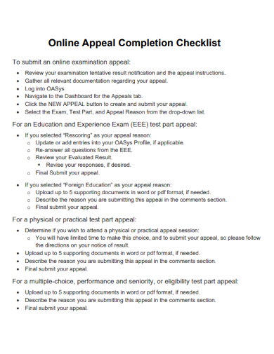 sample online appeal completion checklist template