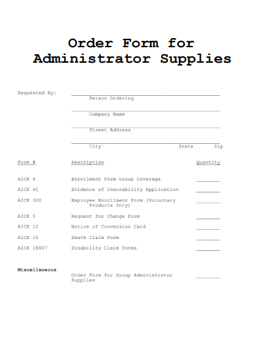 sample order form for administrator supplies template