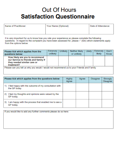sample out of hours satisfaction questionnaire template