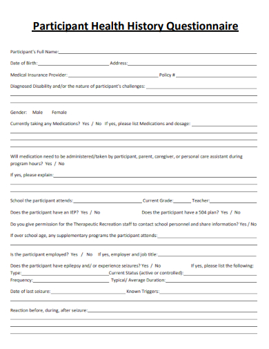 sample participant health history questionnaire template