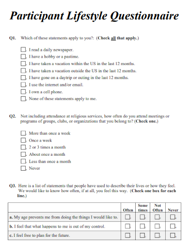 sample participant lifestyle questionnaire template