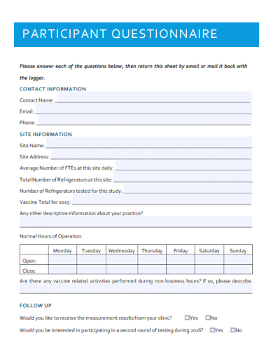 sample participant questionnaire blank template