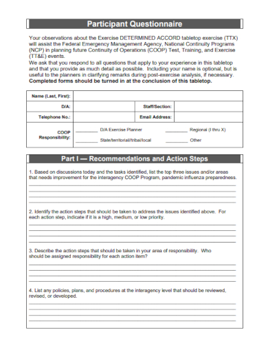 sample participant questionnaire printable templates