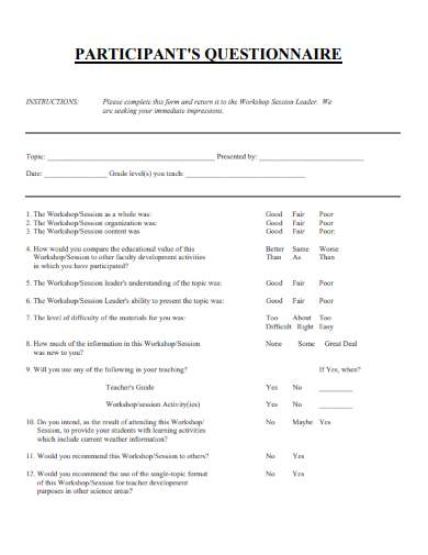 sample participant questionnaire standard template