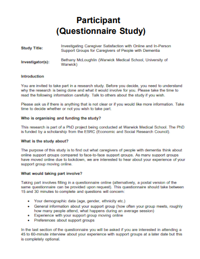 sample participant questionnaire study template