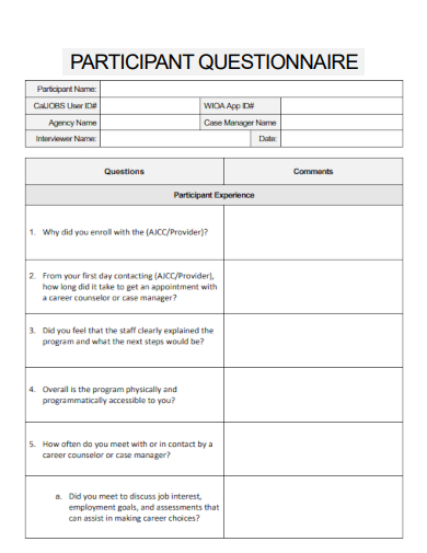sample participant questionnaire template