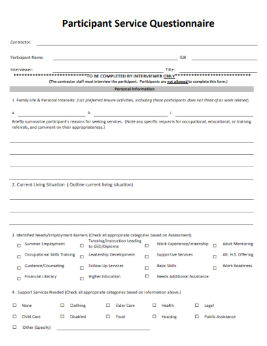 sample participant service questionnaire template