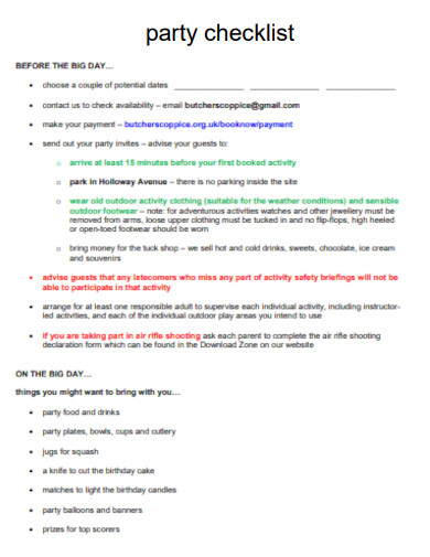 sample party checklist standard template