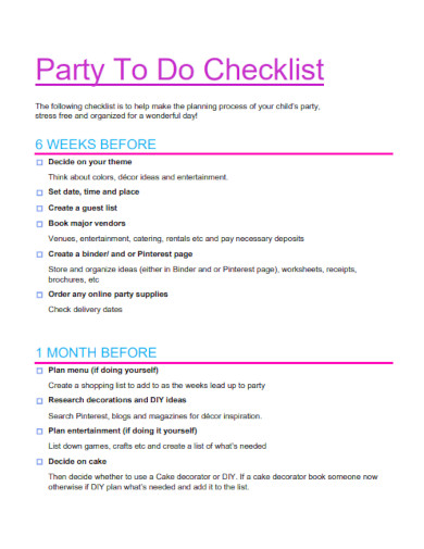 sample party to do checklist template