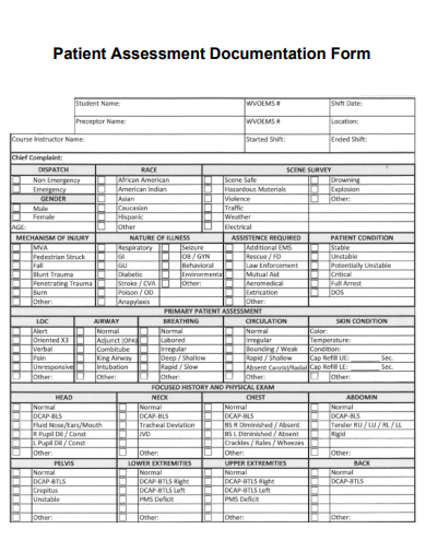 sample patient assessment documentation form template