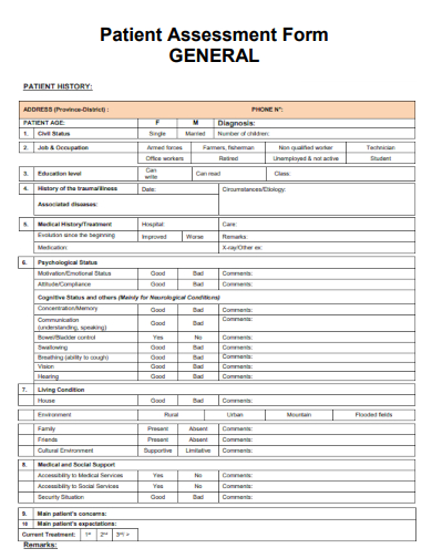 sample patient assessment form general template