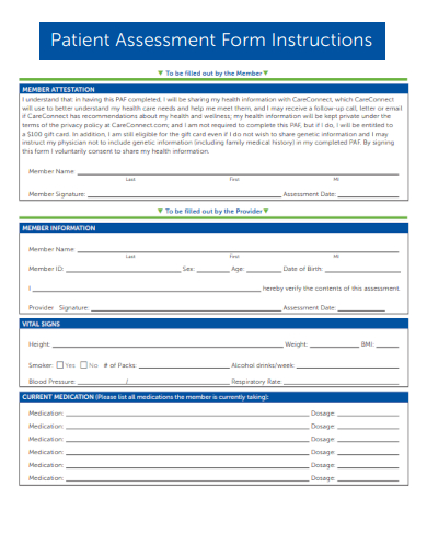 sample patient assessment form instructions template