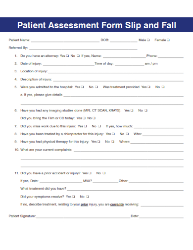 sample patient assessment form slip fall template
