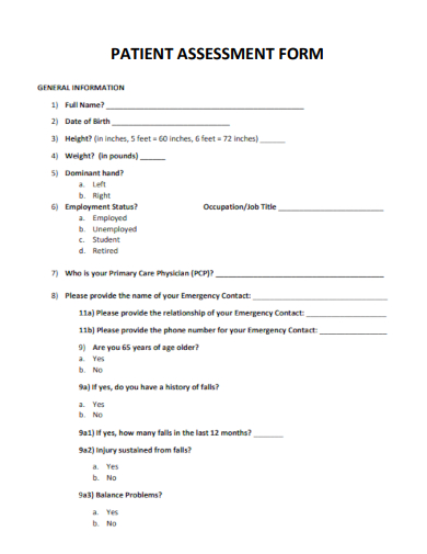 sample patient assessment form standard template