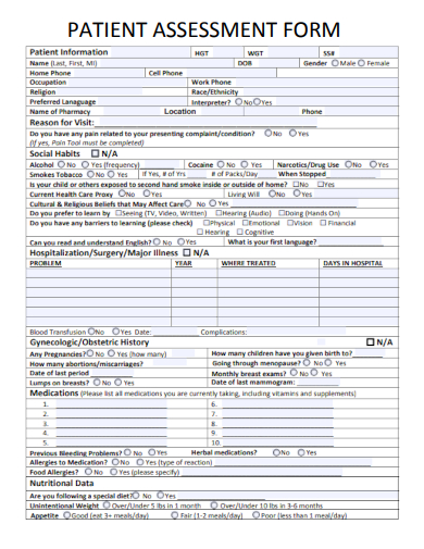 sample patient assessment form template