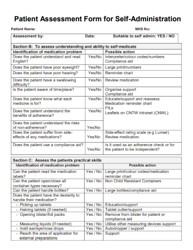 sample patient assessment form for self administration template
