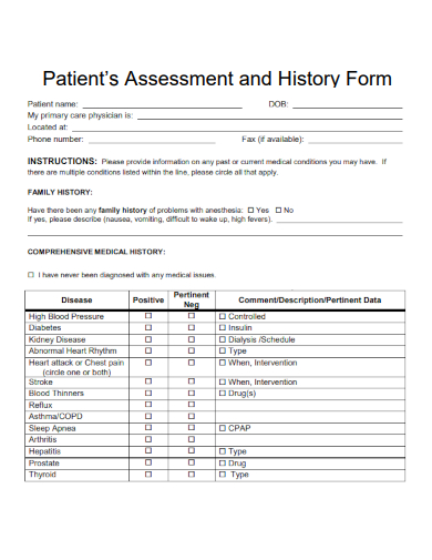 sample patient assessment history form template