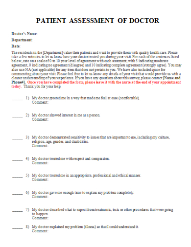 sample patient assessment of doctor form template