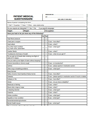 sample patient medical questionnaire template