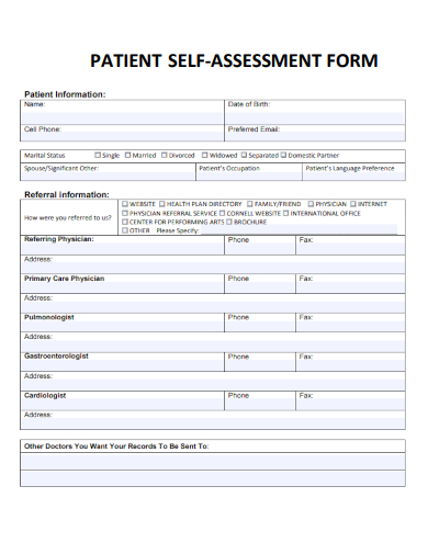 sample patient self assessment form template