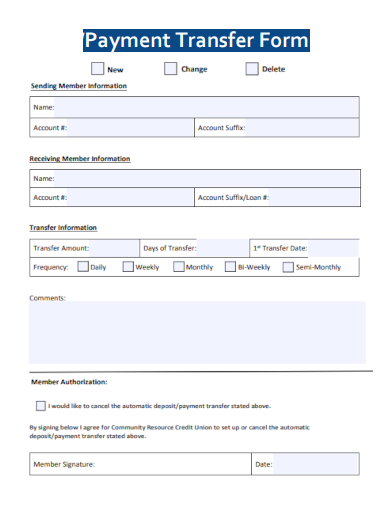 sample payment transfer form template