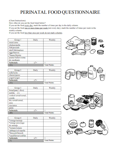sample perinatal food questionnaire template