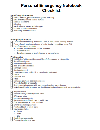 sample personal emergency notebook checklist template
