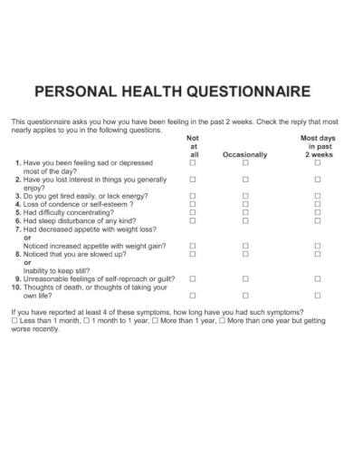 sample personal health questionnaire template