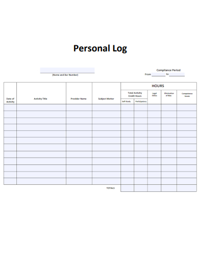 sample personal log form template