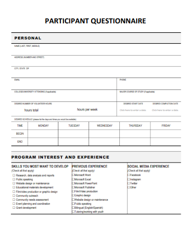 sample personal participant questionnaire template