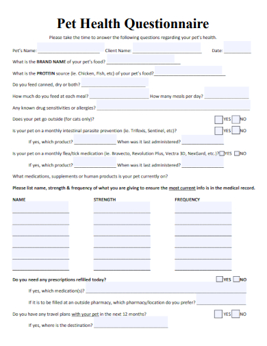sample pet health questionnaire template