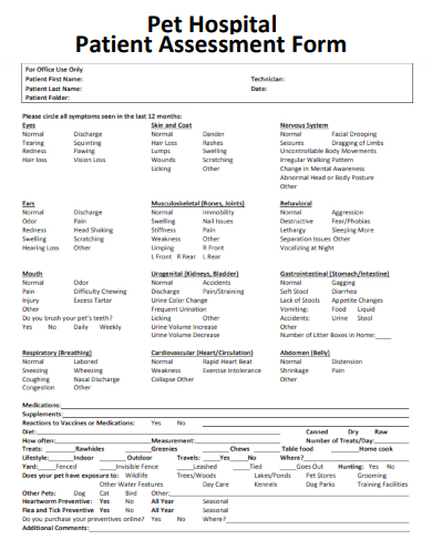 sample pet hospital patient assessment form template